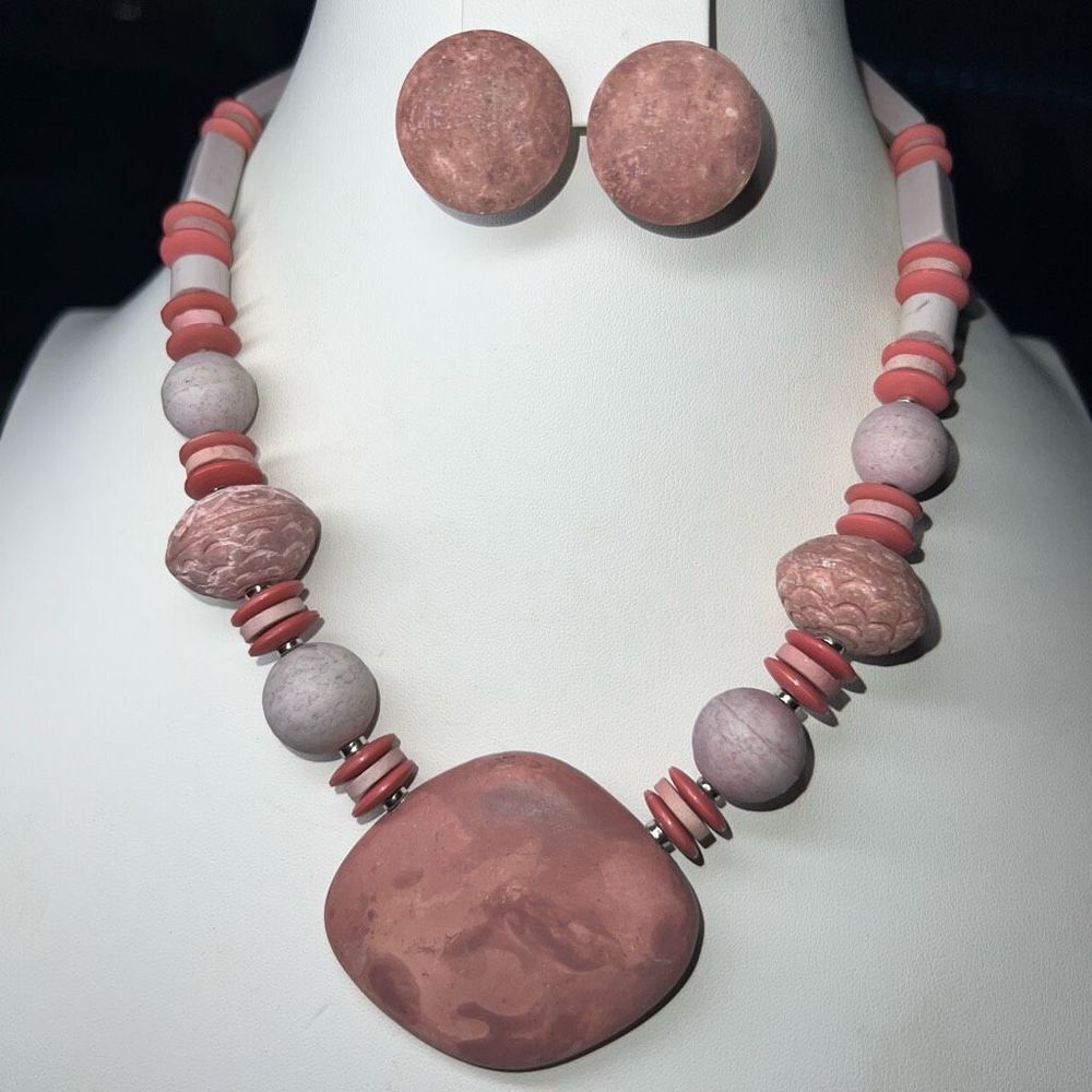 Vintage Stone‎ and Bead Necklace and Earring Set